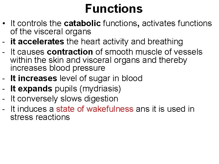 Functions • It controls the catabolic functions, activates functions of the visceral organs -