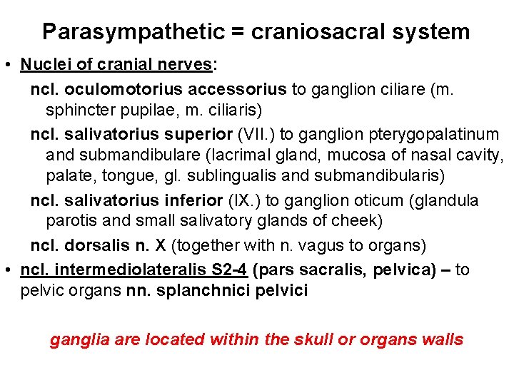 Parasympathetic = craniosacral system • Nuclei of cranial nerves: ncl. oculomotorius accessorius to ganglion