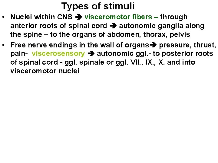 Types of stimuli • Nuclei within CNS visceromotor fibers – through anterior roots of