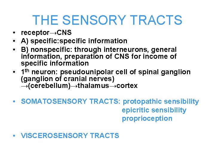 THE SENSORY TRACTS • receptor→CNS • A) specific: specific information • B) nonspecific: through