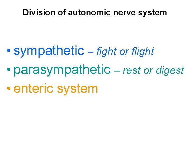 Division of autonomic nerve system • sympathetic – fight or flight • parasympathetic –