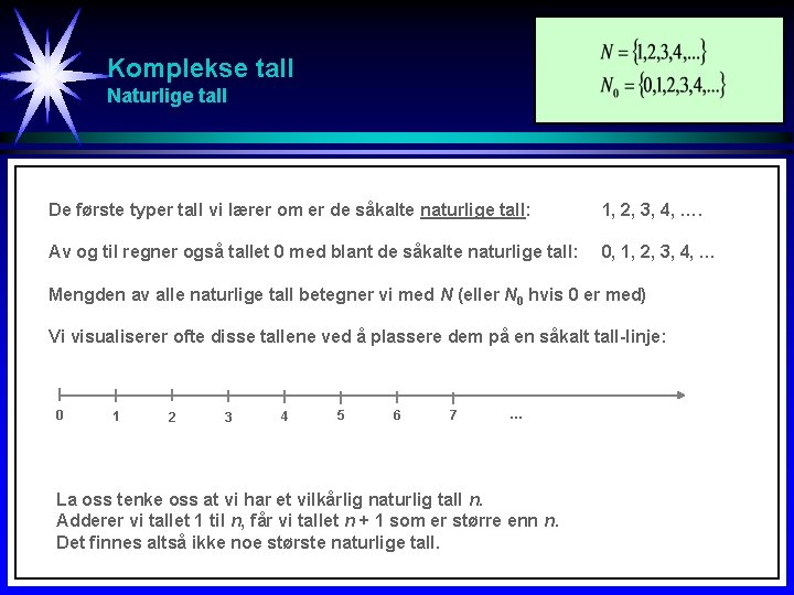 Komplekse tall Naturlige tall De første typer tall vi lærer om er de såkalte