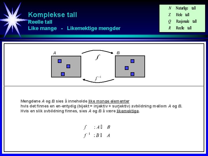 Komplekse tall Reelle tall Like mange - Likemektige mengder A B Mengdene A og