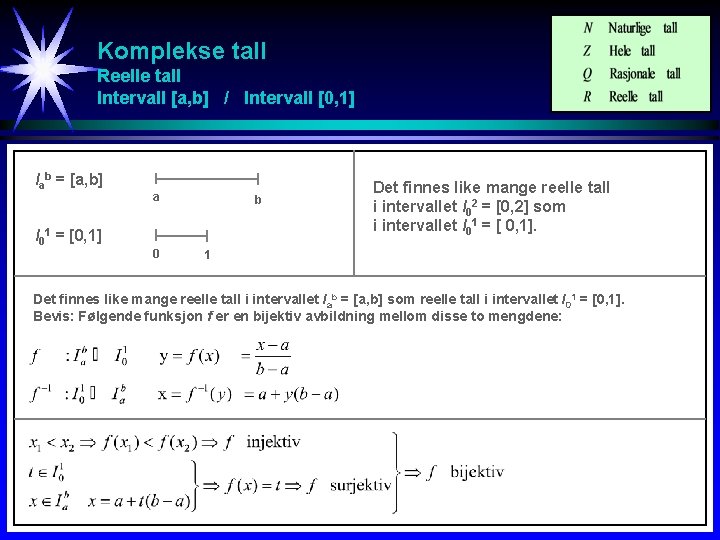 Komplekse tall Reelle tall Intervall [a, b] / Intervall [0, 1] Iab = [a,