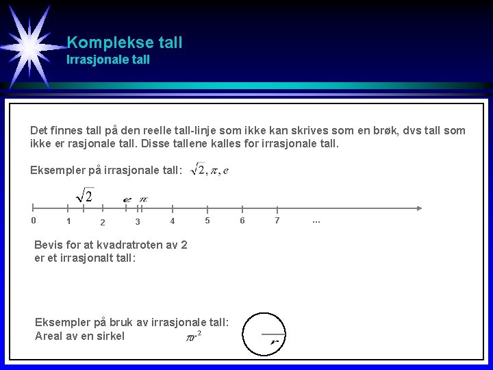 Komplekse tall Irrasjonale tall Det finnes tall på den reelle tall-linje som ikke kan