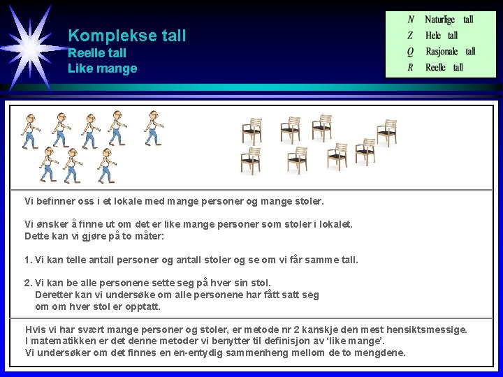 Komplekse tall Reelle tall Like mange Vi befinner oss i et lokale med mange