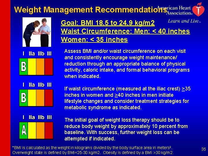 Weight Management Recommendations Goal: BMI 18. 5 to 24. 9 kg/m 2 Waist Circumference: