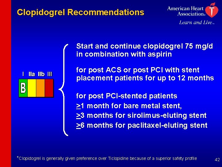 Clopidogrel Recommendations Start and continue clopidogrel 75 mg/d in combination with aspirin for post