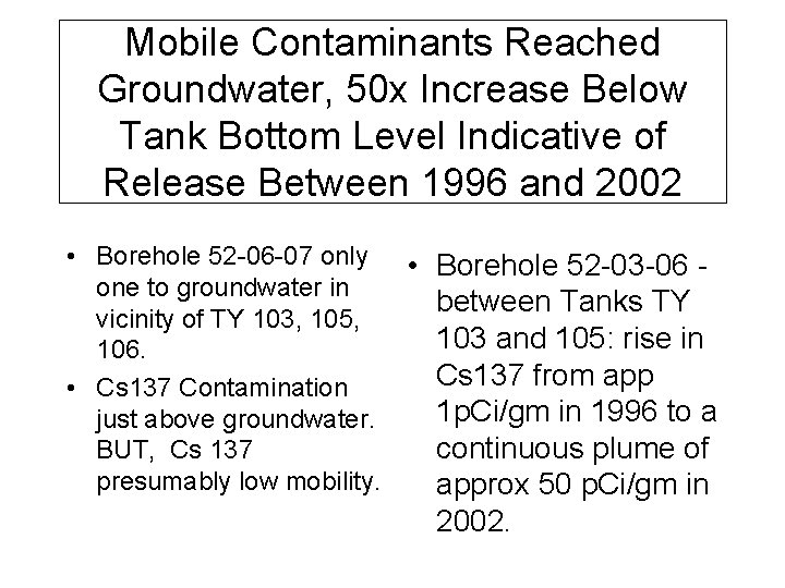 Mobile Contaminants Reached Groundwater, 50 x Increase Below Tank Bottom Level Indicative of Release