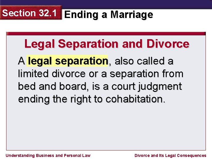 Section 32. 1 Ending a Marriage Legal Separation and Divorce A legal separation, also