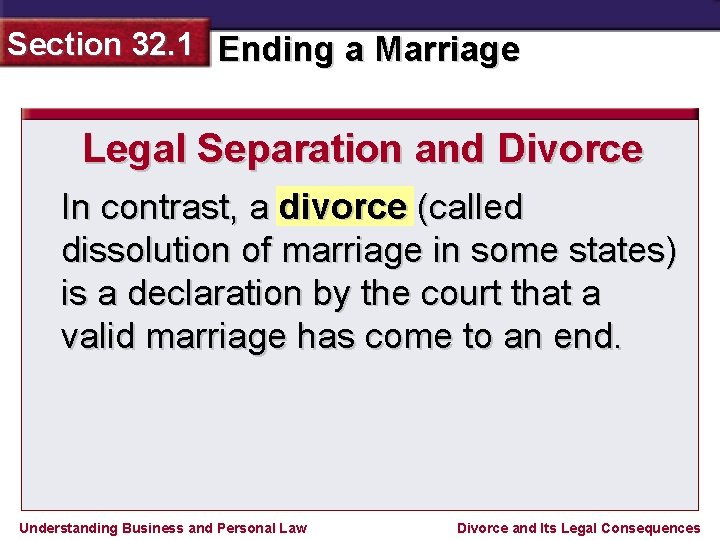 Section 32. 1 Ending a Marriage Legal Separation and Divorce In contrast, a divorce