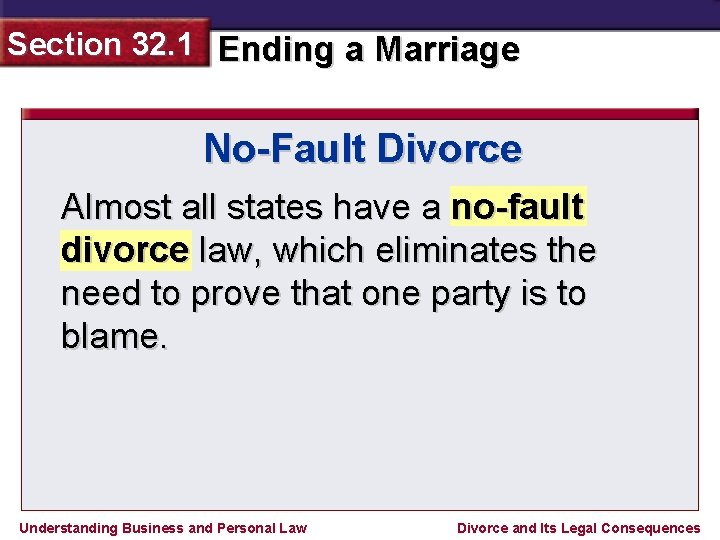 Section 32. 1 Ending a Marriage No-Fault Divorce Almost all states have a no-fault