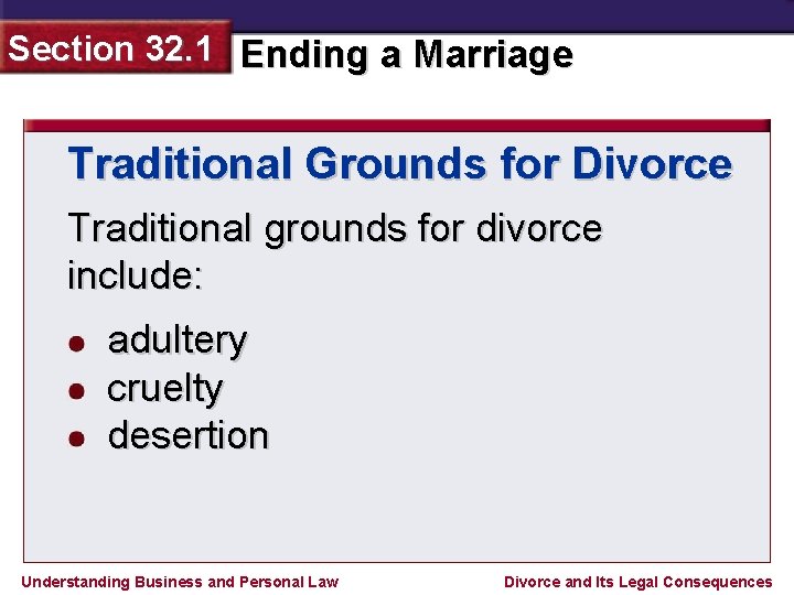 Section 32. 1 Ending a Marriage Traditional Grounds for Divorce Traditional grounds for divorce