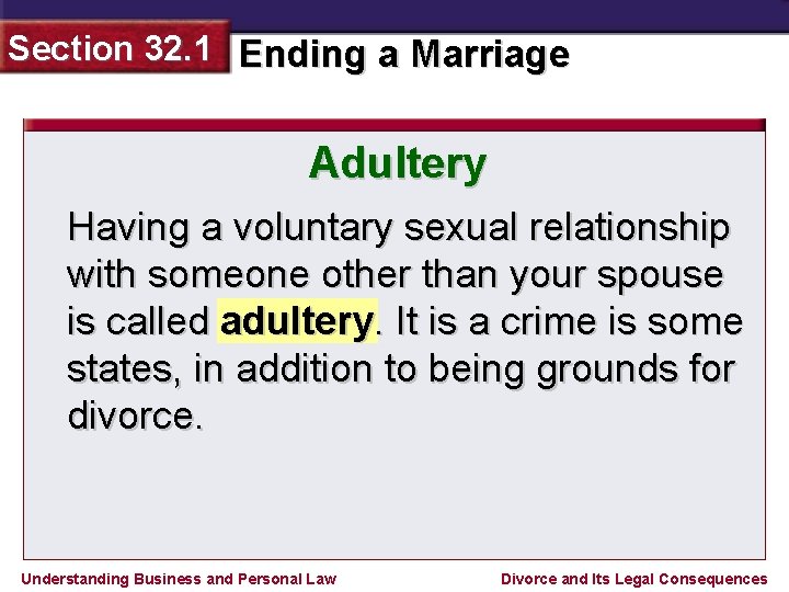 Section 32. 1 Ending a Marriage Adultery Having a voluntary sexual relationship with someone