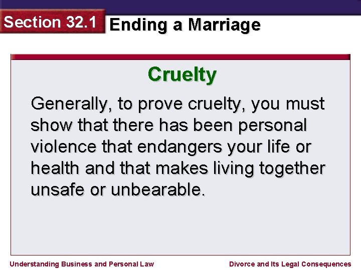 Section 32. 1 Ending a Marriage Cruelty Generally, to prove cruelty, you must show