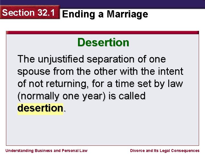 Section 32. 1 Ending a Marriage Desertion The unjustified separation of one spouse from