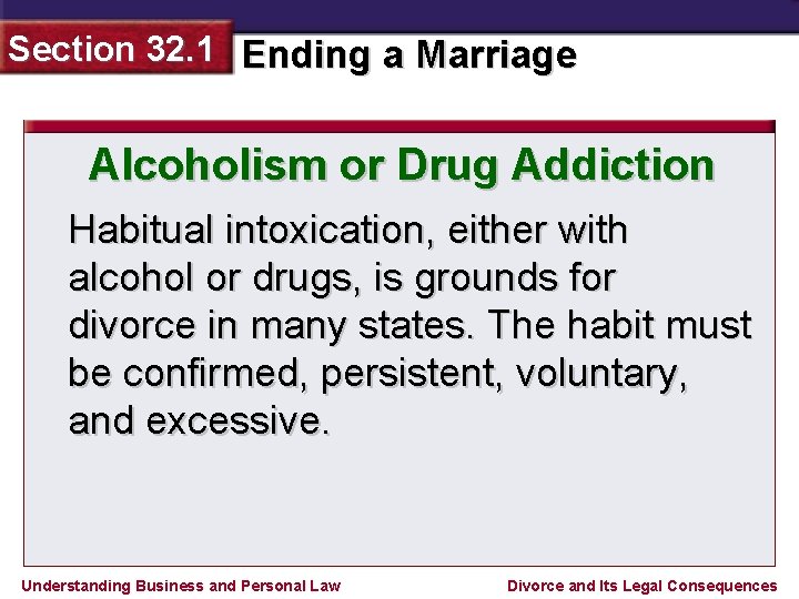 Section 32. 1 Ending a Marriage Alcoholism or Drug Addiction Habitual intoxication, either with