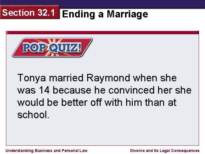 Section 32. 1 Ending a Marriage Tonya married Raymond when she was 14 because