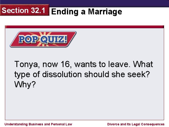 Section 32. 1 Ending a Marriage Tonya, now 16, wants to leave. What type