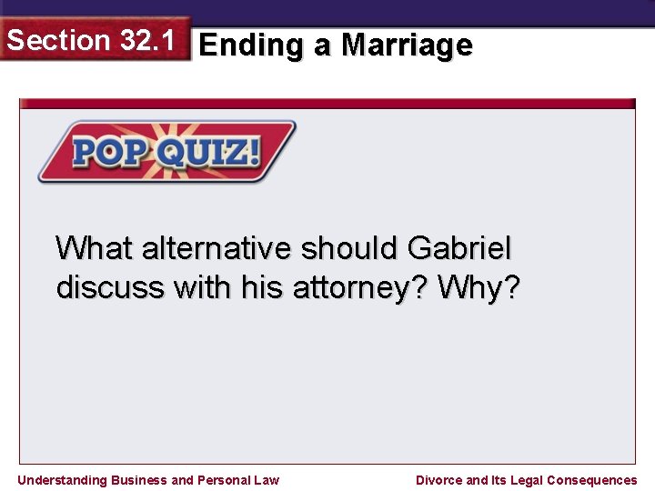Section 32. 1 Ending a Marriage What alternative should Gabriel discuss with his attorney?