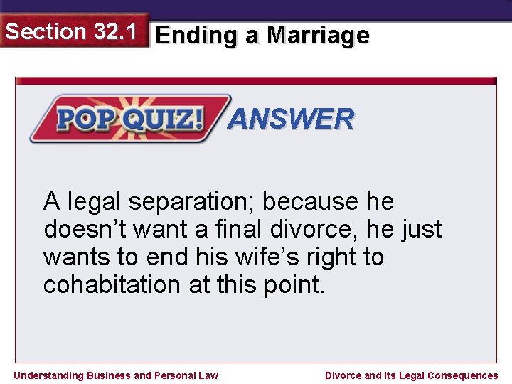 Section 32. 1 Ending a Marriage ANSWER A legal separation; because he doesn’t want