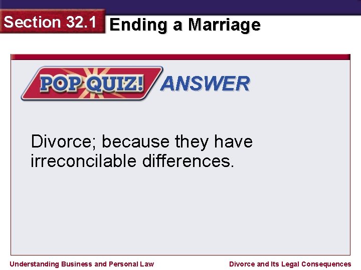Section 32. 1 Ending a Marriage ANSWER Divorce; because they have irreconcilable differences. Understanding
