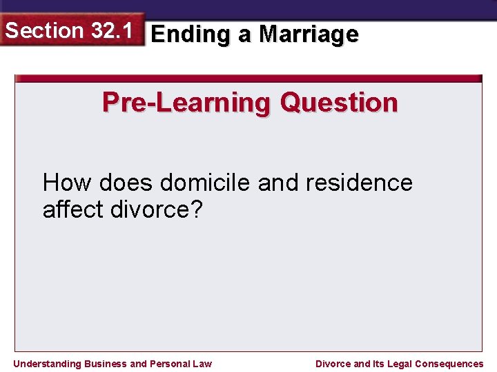 Section 32. 1 Ending a Marriage Pre-Learning Question How does domicile and residence affect