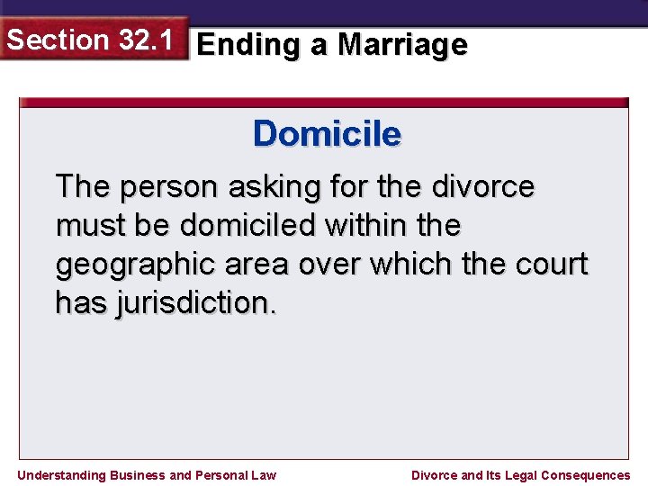 Section 32. 1 Ending a Marriage Domicile The person asking for the divorce must