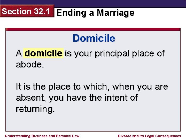 Section 32. 1 Ending a Marriage Domicile A domicile is your principal place of