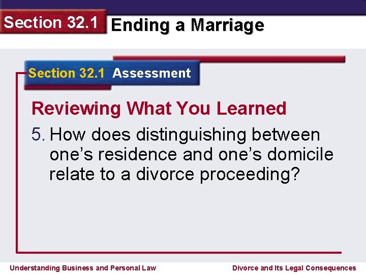 Section 32. 1 Ending a Marriage Section 32. 1 Assessment Reviewing What You Learned