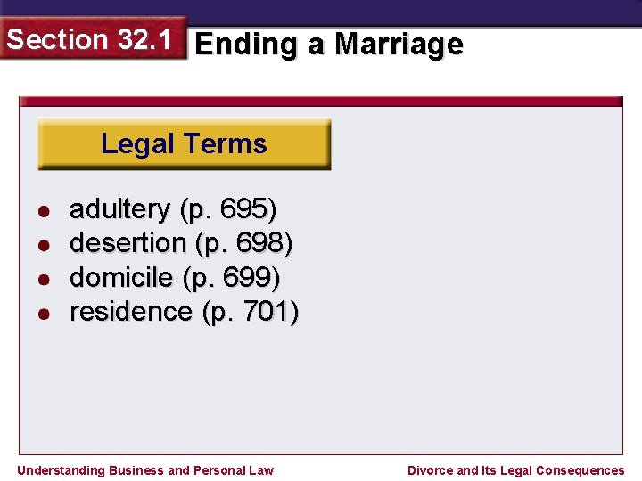 Section 32. 1 Ending a Marriage Legal Terms adultery (p. 695) desertion (p. 698)