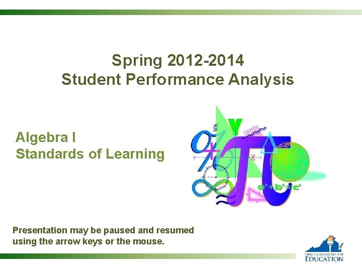 Spring 2012 -2014 Student Performance Analysis Algebra I Standards of Learning Presentation may be