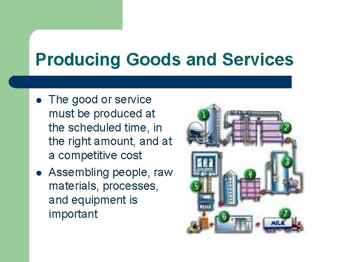 Producing Goods and Services l l The good or service must be produced at
