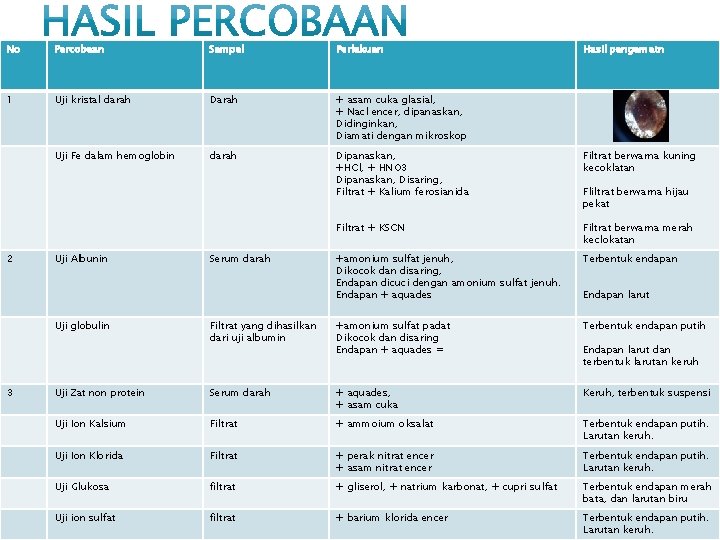 No Percobaan Sampel Perlakuan 1 Uji kristal darah Darah + asam cuka glasial, +