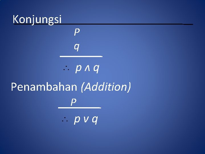 Konjungsi P q pʌq Penambahan (Addition) P pvq 