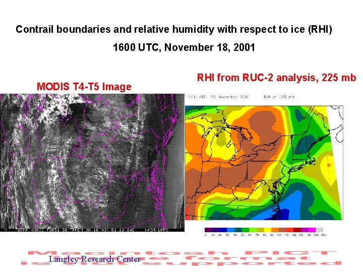 Contrail boundaries and relative humidity with respect to ice (RHI) 1600 UTC, November 18,