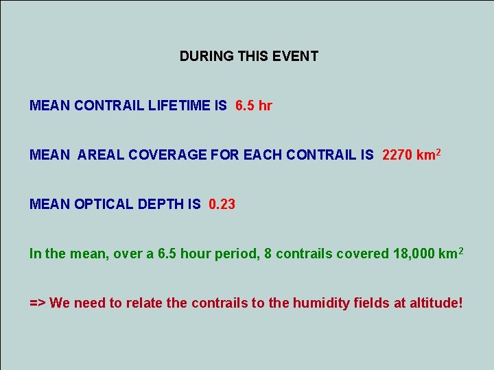 DURING THIS EVENT MEAN CONTRAIL LIFETIME IS 6. 5 hr MEAN AREAL COVERAGE FOR