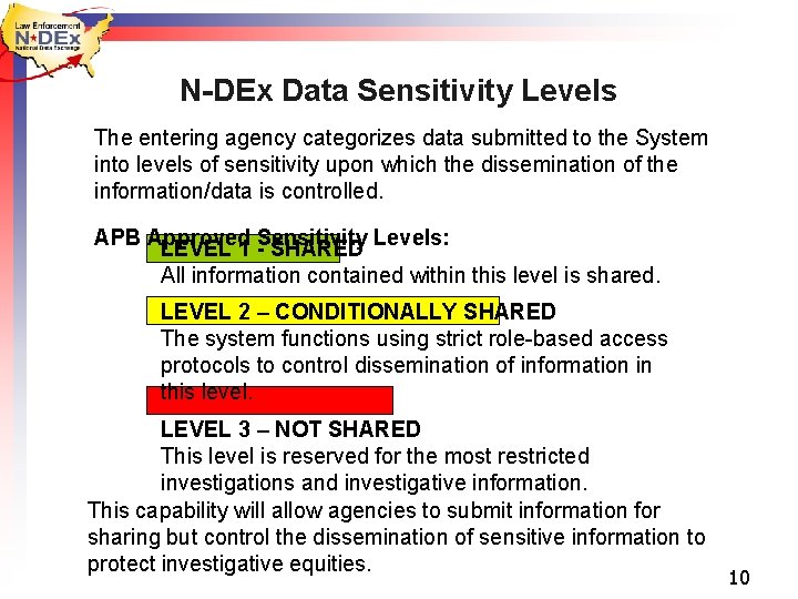 N-DEx Data Sensitivity Levels The entering agency categorizes data submitted to the System into