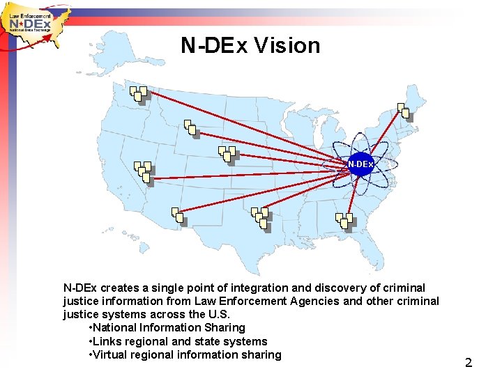 N-DEx Vision N-DEx creates a single point of integration and discovery of criminal justice