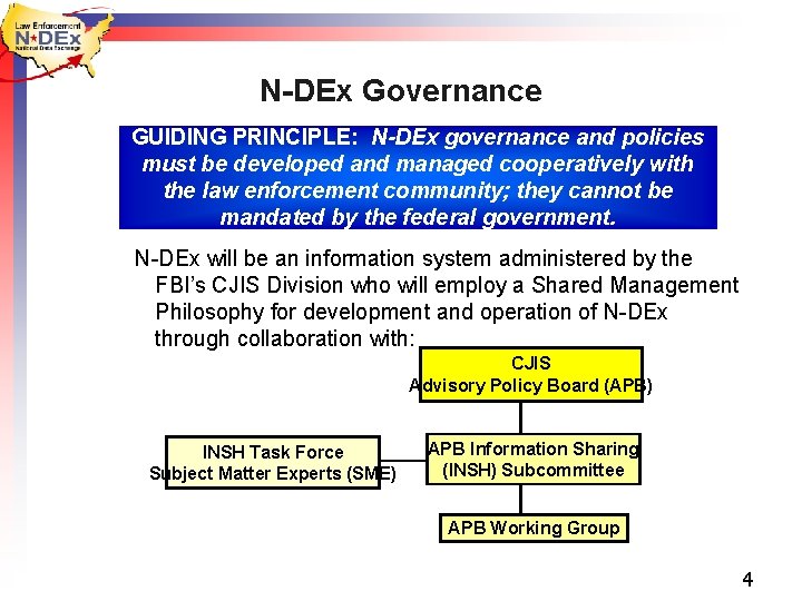 N-DEx Governance GUIDING PRINCIPLE: N-DEx governance and policies must be developed and managed cooperatively