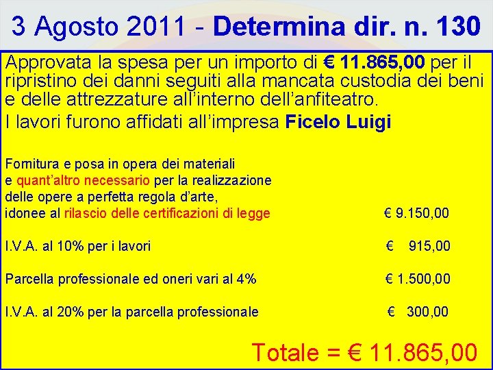 3 Agosto 2011 - Determina dir. n. 130 Approvata la spesa per un importo