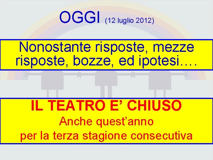 OGGI (12 luglio 2012) Nonostante risposte, mezze risposte, bozze, ed ipotesi…. IL TEATRO E’