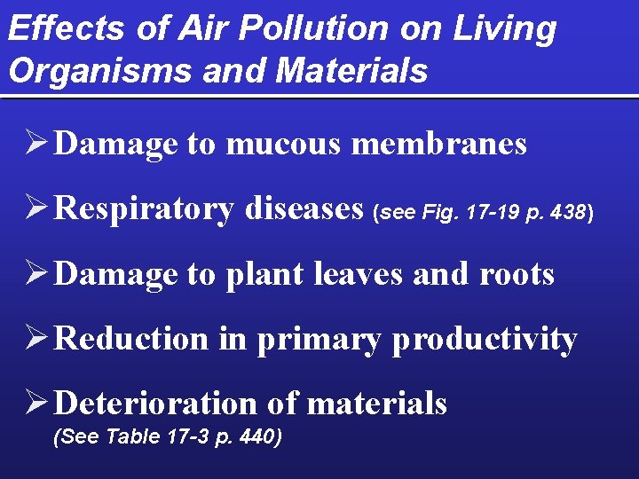 Effects of Air Pollution on Living Organisms and Materials Ø Damage to mucous membranes