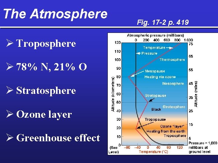 The Atmosphere Ø Troposphere Ø 78% N, 21% O Ø Stratosphere Ø Ozone layer