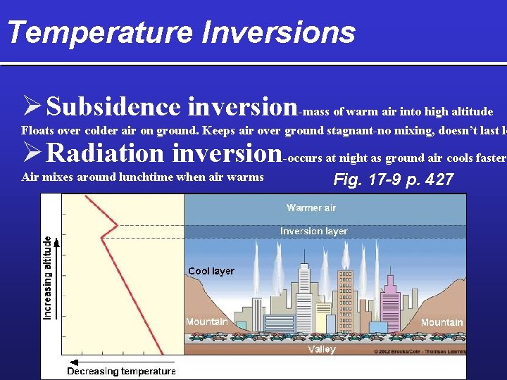 Temperature Inversions Ø Subsidence inversion-mass of warm air into high altitude Floats over colder