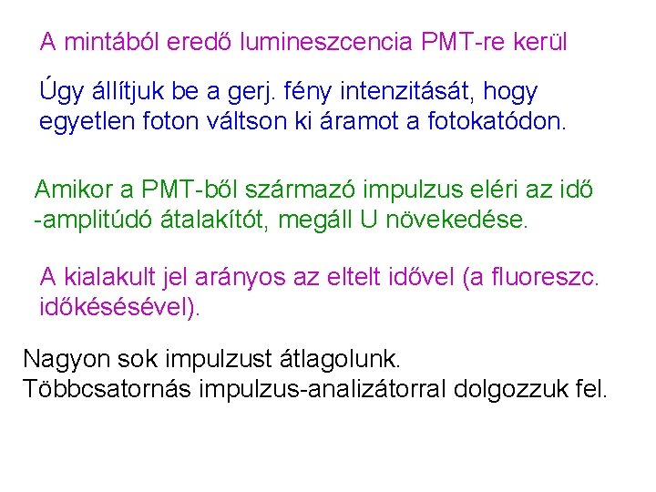 A mintából eredő lumineszcencia PMT-re kerül Úgy állítjuk be a gerj. fény intenzitását, hogy