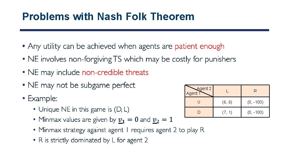 Problems with Nash Folk Theorem • Agent 2 Agent 1 L R U (6,