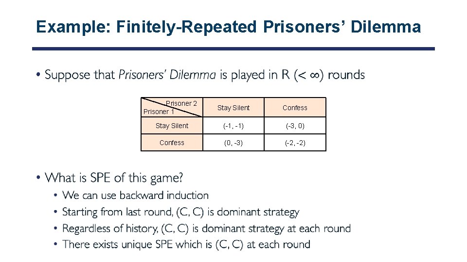 Example: Finitely-Repeated Prisoners’ Dilemma • Prisoner 2 Prisoner 1 Stay Silent Confess Stay Silent