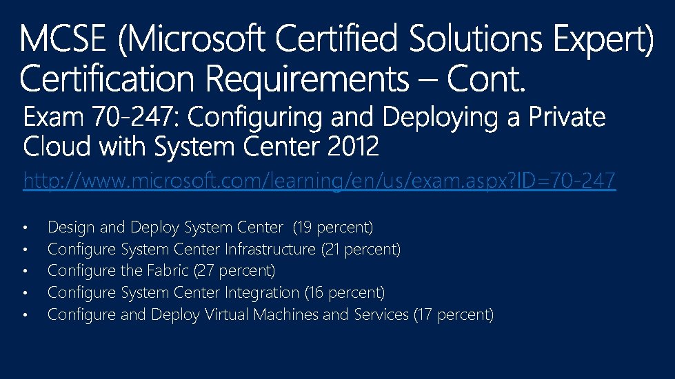 http: //www. microsoft. com/learning/en/us/exam. aspx? ID=70 -247 • • • Design and Deploy System