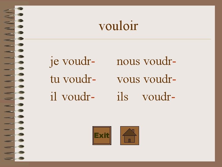 vouloir je voudrtu voudril voudr. Exit nous voudrvous voudrils voudr- 